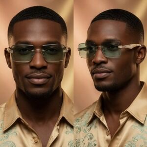 Classic Elegant Sophisticated Modern SUNGLASSES Rimless Gold Frame Green Lens